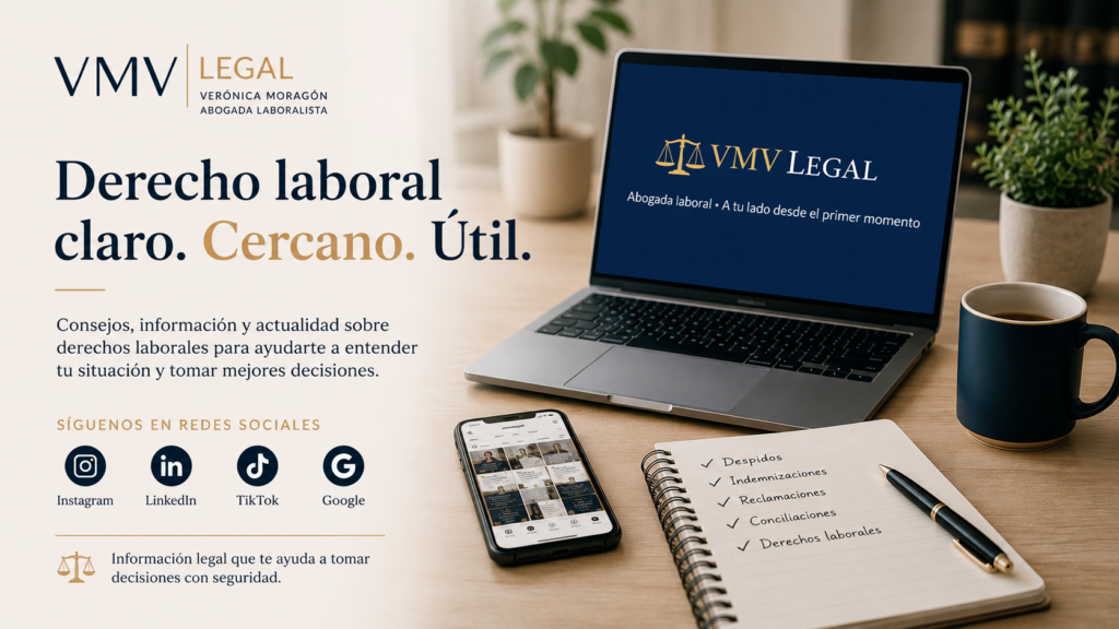 Redes sociales de VMV Legal, abogada laboral en Madrid, con contenido sobre despidos, reclamaciones y derechos laborales.